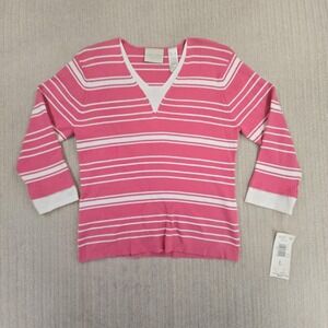 First Issue Sweater Womens Large Pink White Stripe V Neck 3/4 Sleeve Lightweight